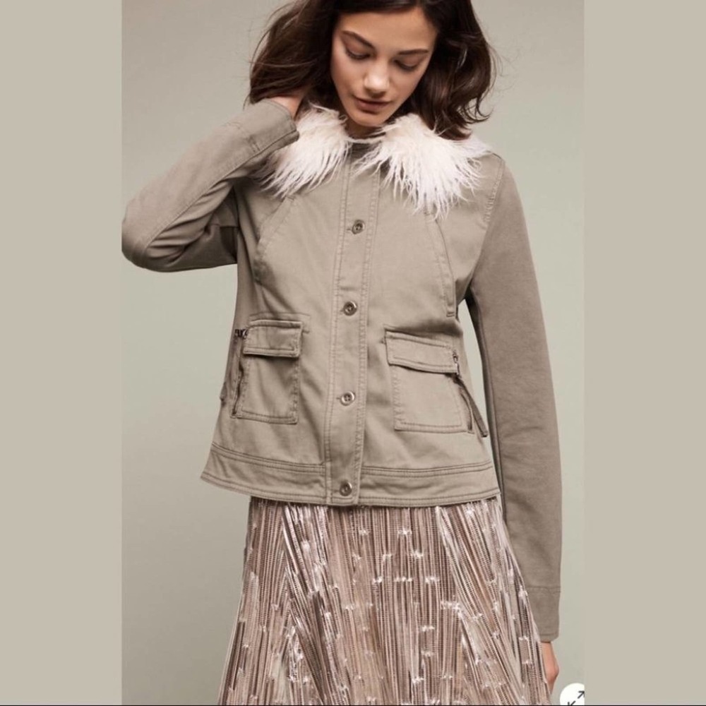 ANTHROPOLOGIE Marrakech Army Green Faux Fur Collared Cadet Jacket Small NEW - Picture 4 of 16